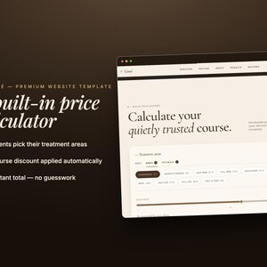 May include: A website template advertisement with the text "LISSE - PREMIUM WEBSITE TEMPLATE" and "A built-in price calculator." The screen displays a calculator interface with treatment area options.