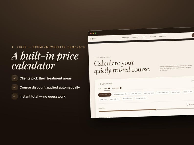May include: A website template advertisement with the text "LISSE - PREMIUM WEBSITE TEMPLATE" and "A built-in price calculator." The screen displays a calculator interface with treatment area options.