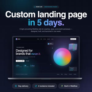 以下が含まれることがあります： 「Custom landing page in 5 days」のテキストが表示されたウェブサイトのデザインが映し出されたラップトップの画面。カラフルな球体と立方体のデザイン。また、「Designed for brands that mean it」のテキストも表示されています。「5 Day delivery」、「2 revisions included」、「Built in Webflow」のテキストも含まれています。