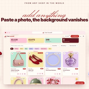 Puede incluir: Una interfaz digital titulada Treat Yourself muestra una lista de compras con tarjetas de productos para un bolso de cadena acolchado, bailarinas rojas, un collar de perlas y un perfume. El texto incluye From any shop in the world.