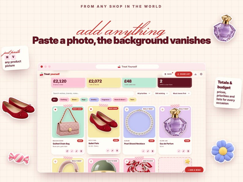 Puede incluir: Una interfaz digital titulada Treat Yourself muestra una lista de compras con tarjetas de productos para un bolso de cadena acolchado, bailarinas rojas, un collar de perlas y un perfume. El texto incluye From any shop in the world.