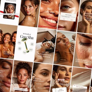 May include: A collage of images promoting skincare and beauty treatments. The images include close-ups of faces, text overlays like "Stay Glowing" and "Get Your Discount," and illustrations of a Gua Sha tool and facial treatments.