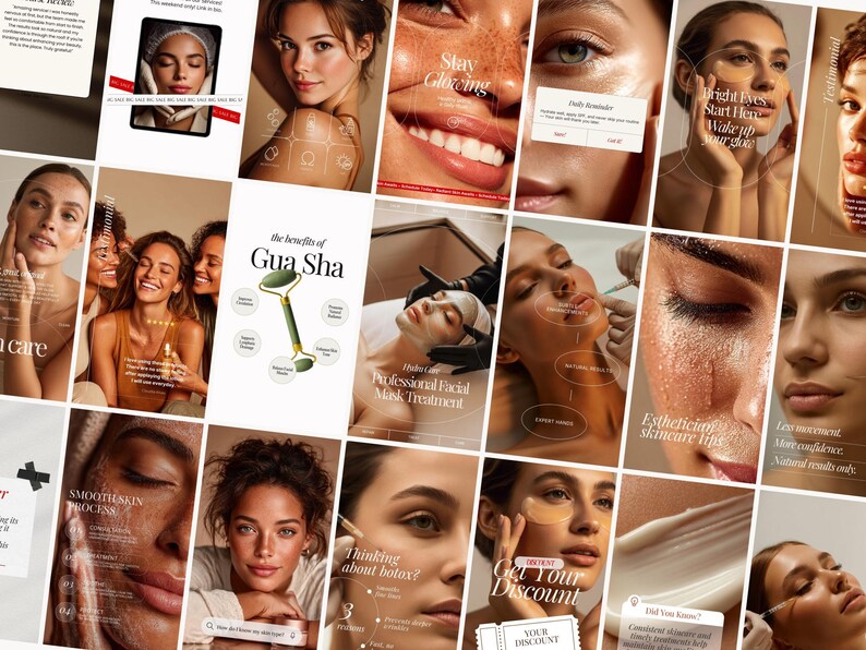 May include: A collage of images promoting skincare and beauty treatments. The images include close-ups of faces, text overlays like "Stay Glowing" and "Get Your Discount," and illustrations of a Gua Sha tool and facial treatments.