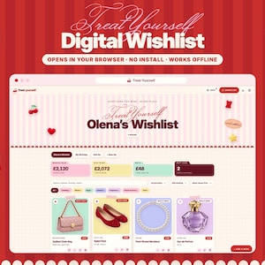 Puede incluir: Una interfaz de lista de deseos digital titulada Treat Yourself Olena's Wishlist, que presenta un dise&ntilde;o basado en navegador con categor&iacute;as, tarjetas de art&iacute;culos para un bolso acolchado, bailarinas, un collar de perlas y perfume.
