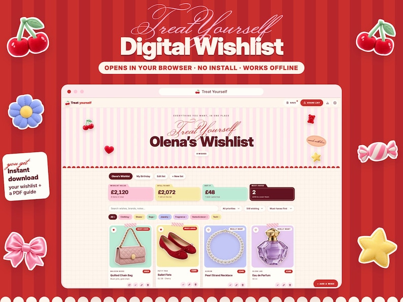 Puede incluir: Una interfaz de lista de deseos digital titulada Treat Yourself Olena's Wishlist, que presenta un dise&ntilde;o basado en navegador con categor&iacute;as, tarjetas de art&iacute;culos para un bolso acolchado, bailarinas, un collar de perlas y perfume.