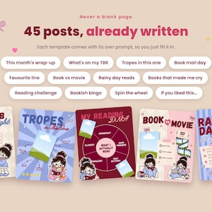 May include: A digital template set featuring 45 social media posts with text including Never a blank page, 45 posts, already written, and various book-themed titles. The graphics display cartoon characters reading books and colorful layouts.
