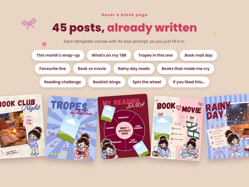 May include: A digital template set featuring 45 social media posts with text including Never a blank page, 45 posts, already written, and various book-themed titles. The graphics display cartoon characters reading books and colorful layouts.