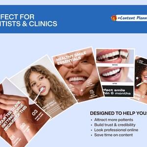 May include: An image promoting dental services, with the text "Perfect for Dentists & Clinics". The image includes a collage of dental health visuals and the text "Designed to help you: attract more patients, build trust & credibility, look professional online, save time on content."