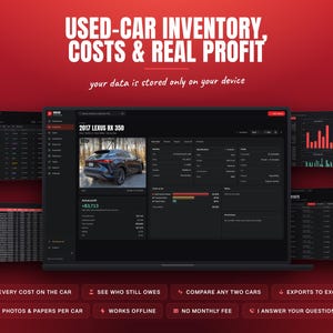 Puede incluir: Una pantalla de portátil que muestra una interfaz de software para la gestión de inventario de coches usados, con el texto "USED-CAR INVENTORY, COSTS & REAL PROFIT" y "your data is stored only on your device" sobre un fondo rojo oscuro con gráficos.