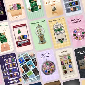 May include: A digital collage of multiple book-themed social media templates featuring illustrations of bookshelves, claw machines, gumball machines, slot machines, and spinning wheels, all displaying various book covers and reading-related text.