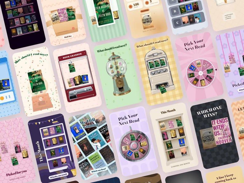 May include: A digital collage of multiple book-themed social media templates featuring illustrations of bookshelves, claw machines, gumball machines, slot machines, and spinning wheels, all displaying various book covers and reading-related text.