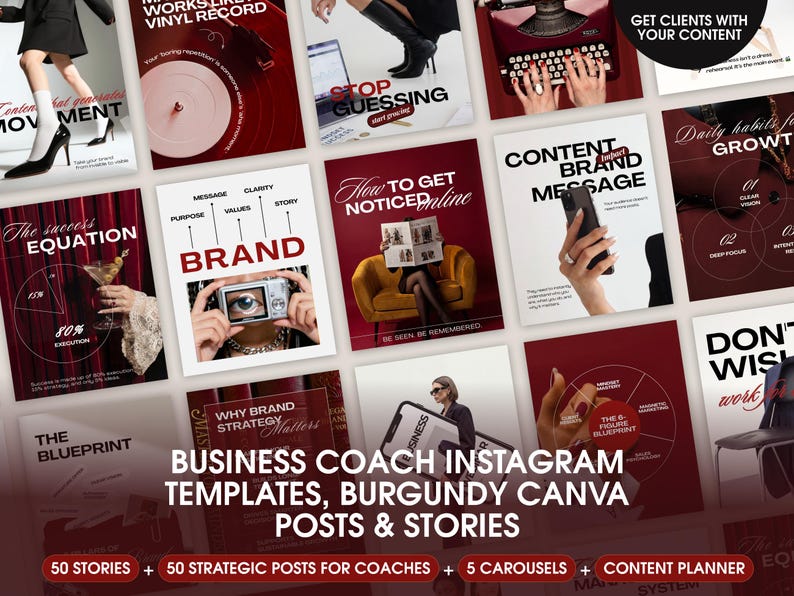 Business coach Instagram Canva template bundle in burgundy and beige colors, featuring editable social media post designs, carousel templates, content planning layouts, and branding graphics for coaches and online business own