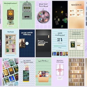 May include: A digital collage of twenty-one individual panels featuring book-themed graphics, including a claw machine, a slot machine, a spinning wheel, a bookshelf, a gift-wrapped book, and various book covers with titles like Circe and Fourth Wing.