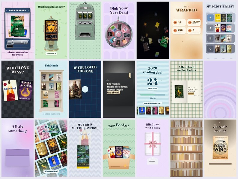 May include: A digital collage of twenty-one individual panels featuring book-themed graphics, including a claw machine, a slot machine, a spinning wheel, a bookshelf, a gift-wrapped book, and various book covers with titles like Circe and Fourth Wing.