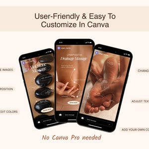 The screens show hot stone massage, lymphatic drainage massage, and foot massage. Text on the image includes "User-Friendly & Easy To Customize In Canva" and "No Canva Pro needed."