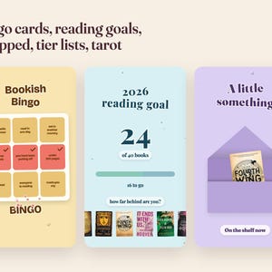 May include: Three digital templates featuring book-related trackers. The yellow panel shows a Bookish Bingo card. The light blue panel displays a 2026 reading goal tracker with book covers. The purple panel shows an envelope with a Fourth Wing book.