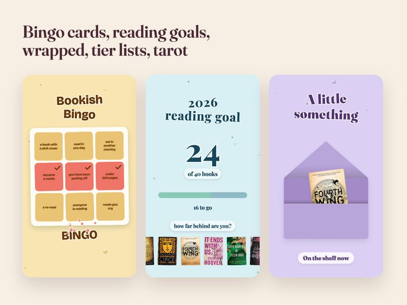 May include: Three digital templates featuring book-related trackers. The yellow panel shows a Bookish Bingo card. The light blue panel displays a 2026 reading goal tracker with book covers. The purple panel shows an envelope with a Fourth Wing book.