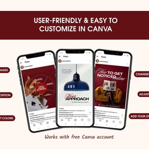 Burgundy and cream business coach Canva templates displayed on three smartphone mockups, showing editable Instagram post designs with customization options such as replacing images, changing fonts, editing colors, adjusting text, and adding your own content.
