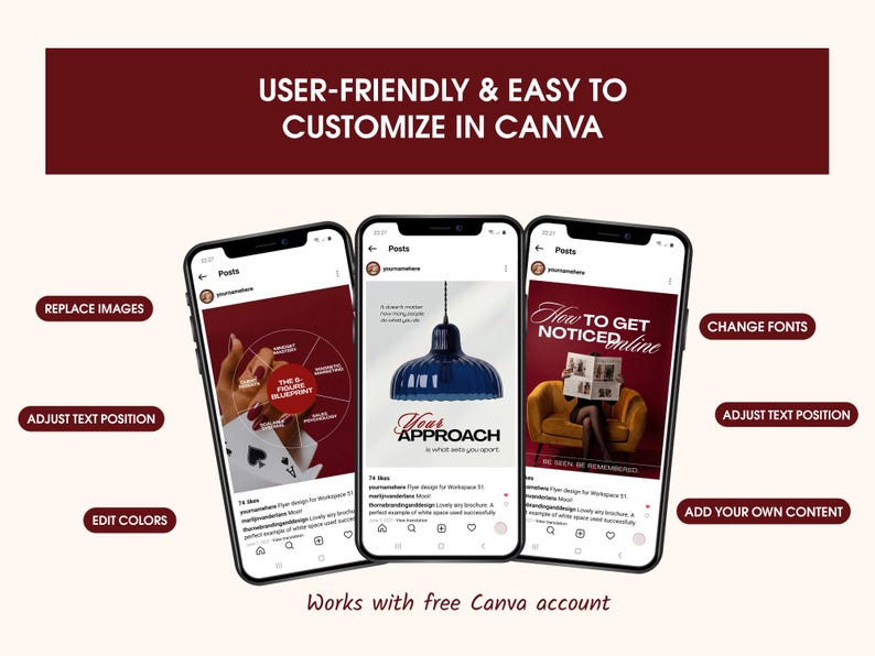 Burgundy and cream business coach Canva templates displayed on three smartphone mockups, showing editable Instagram post designs with customization options such as replacing images, changing fonts, editing colors, adjusting text, and adding your own content.