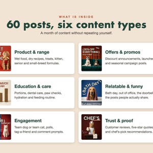 May include: An infographic titled WHAT IS INSIDE 60 posts, six content types. It lists six categories: Product & range, Offers & promos, Education & care, Relatable & funny, Engagement, and Trust & proof, each with a small image and descriptive text.