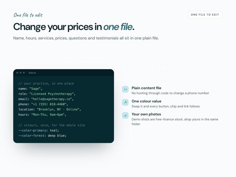 Pu&ograve; includere: Un grafico digitale che mostra il testo One file to edit e Change your prices in one file. Include una finestra scura dell'editor di codice con i dettagli di configurazione del sito e un elenco di tre funzioni: Plain content file, One colour value e Your own photos.