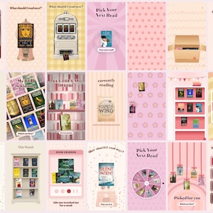 May include: A digital collage of book-themed social media templates featuring various interactive elements like a book grabber machine, a slot machine, a bingo card, a tier list, and shelves displaying multiple book covers with titles and text.