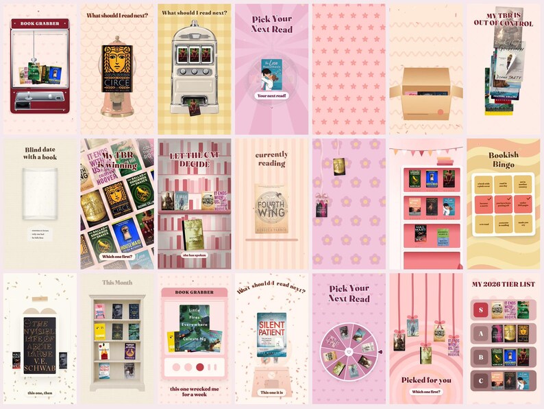 May include: A digital collage of book-themed social media templates featuring various interactive elements like a book grabber machine, a slot machine, a bingo card, a tier list, and shelves displaying multiple book covers with titles and text.