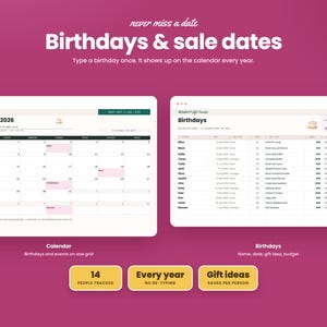 May include: A digital birthday and sale date tracker interface on a magenta background. It features a December 2026 calendar grid and a list of birthdays with gift ideas and budgets. Text includes "never miss a date", "Birthdays & sale dates", and "Type a birthday once. It shows up on the calendar every year."
