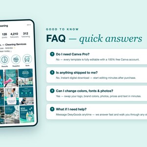 May include: A digital marketing template for a cleaning service featuring a smartphone display with a social media profile for Sparkle Co. and a FAQ section with text including Do I need Canva Pro, Is anything shipped to me, and Can I change colors.