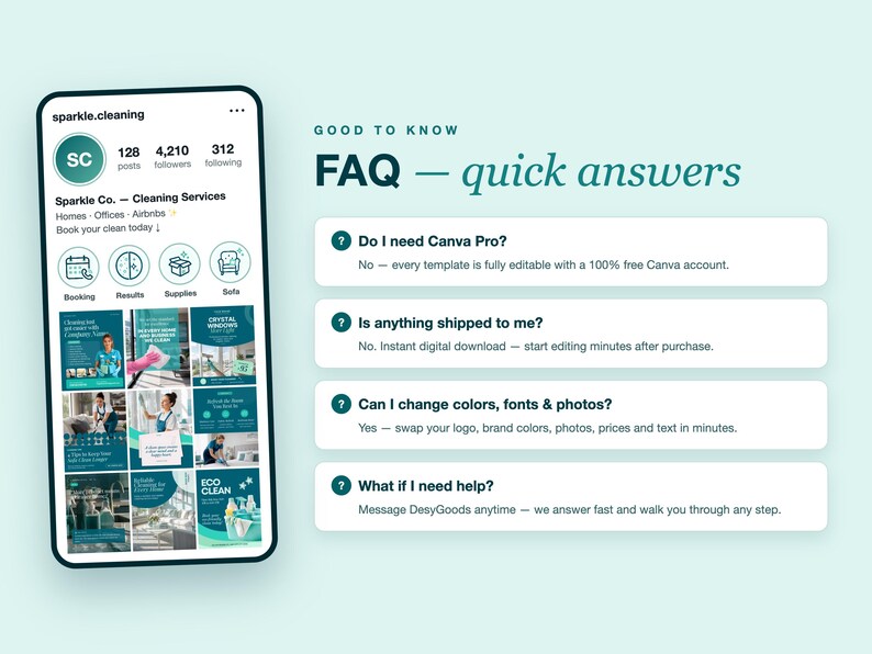 May include: A digital marketing template for a cleaning service featuring a smartphone display with a social media profile for Sparkle Co. and a FAQ section with text including Do I need Canva Pro, Is anything shipped to me, and Can I change colors.