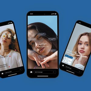 May include: Three smartphones displaying images of women on a blue background. The screens show text like "Feel Like Yourself Again" and "Ways to Practice Self-Care." One screen asks "What did you feel today?"