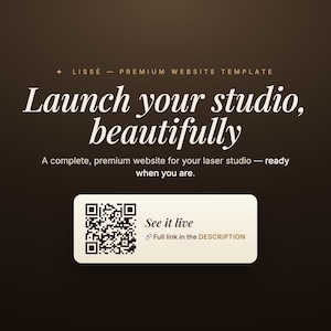 May include: A website template advertisement with a dark brown background. The text reads "Launch your studio, beautifully." A QR code and the words "See it live" are displayed in a white rectangle. The text also says "Full link in the DESCRIPTION."