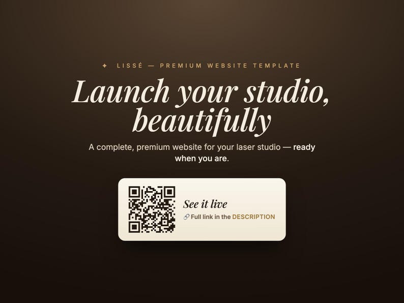 May include: A website template advertisement with a dark brown background. The text reads "Launch your studio, beautifully." A QR code and the words "See it live" are displayed in a white rectangle. The text also says "Full link in the DESCRIPTION."