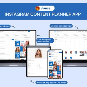 May include: An advertisement for an Instagram content planner app. The image shows the app interface on a laptop, tablet, and smartphone. The app allows users to plan posts and stories, view a monthly calendar, and preview their Instagram feed. The app works on any device.