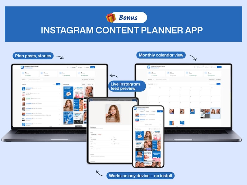 May include: An advertisement for an Instagram content planner app. The image shows the app interface on a laptop, tablet, and smartphone. The app allows users to plan posts and stories, view a monthly calendar, and preview their Instagram feed. The app works on any device.