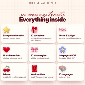 Puede incluir: Un gr&aacute;fico de informaci&oacute;n digital sobre un fondo de cuadr&iacute;cula con el texto ONE FILE, ALL OF THIS, so many treats, Everything inside. Presenta nueve cajas blancas con iconos que incluyen una estrella, regalo, caramelo, coraz&oacute;n, lazo, flor, cerezas, oso y libros.