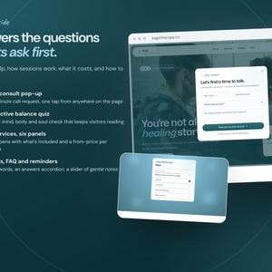 Pu&ograve; includere: Una grafica di marketing digitale su sfondo verde acqua scuro con un mockup di sito web per sagetherapy.ca. Il testo recita: what's inside, Answers the questions clients ask first, Free-consult pop-up, Interactive balance quiz, Six services, six panels, e Stories, FAQ and reminders.