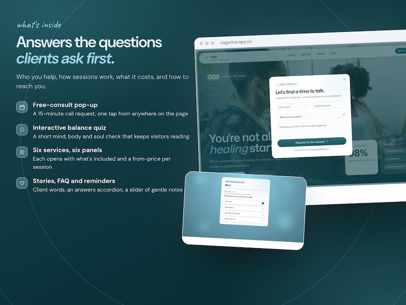 Pu&ograve; includere: Una grafica di marketing digitale su sfondo verde acqua scuro con un mockup di sito web per sagetherapy.ca. Il testo recita: what's inside, Answers the questions clients ask first, Free-consult pop-up, Interactive balance quiz, Six services, six panels, e Stories, FAQ and reminders.