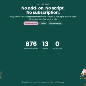 May include: A dark green digital product interface featuring the text Built to Last, No add-on. No script. No subscription. It displays statistics including 676 species with photos, 13 pages, and 0 monthly fees, with a snake plant and orchid.