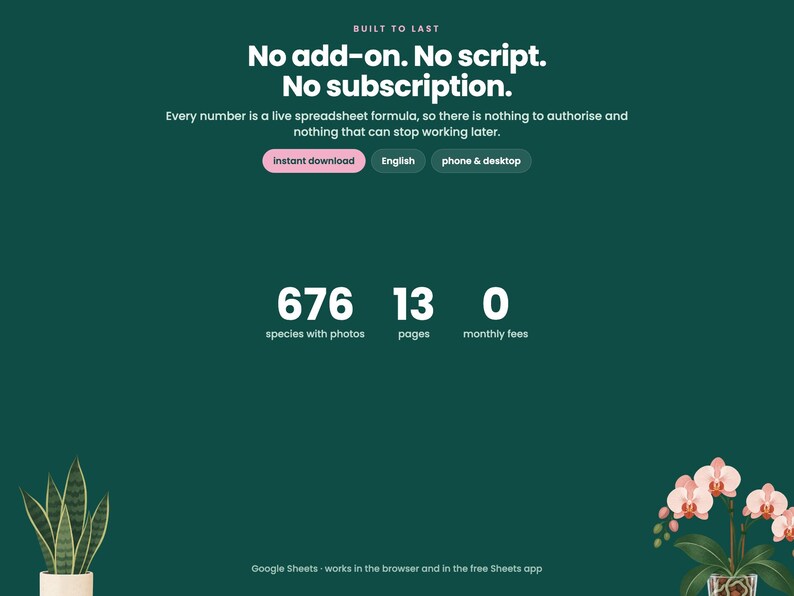 May include: A dark green digital product interface featuring the text Built to Last, No add-on. No script. No subscription. It displays statistics including 676 species with photos, 13 pages, and 0 monthly fees, with a snake plant and orchid.