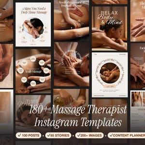 Könnte beinhalten: Eine Collage von Bildern, die für Massagetherapie werben, mit praktischen Behandlungen, Diagrammen und dem Text "180+ Massage Therapist Instagram Templates". Die Bilder zeigen verschiedene Massagetechniken und ihre Vorteile.