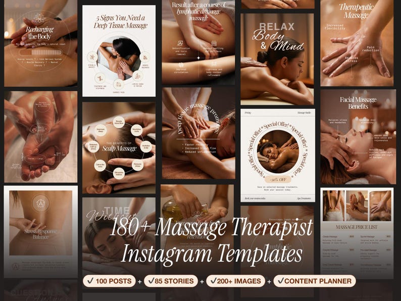 A collage of images promoting massage therapy, featuring hands-on treatments, diagrams, and the text "180+ Massage Therapist Instagram Templates." The images showcase various massage techniques and benefits.