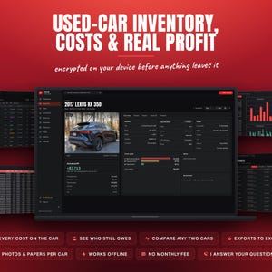 May include: A digital dashboard interface displayed on a laptop screen, featuring the text USED-CAR INVENTORY, COSTS & REAL PROFIT. The software shows vehicle data, including a 2017 Lexus RX 350, financial charts, and stock lists on a dark background.