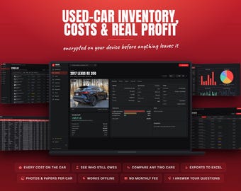 Vehicle Inventory Sales Tracker | Used Car Dealer Profit Log | App + Excel
