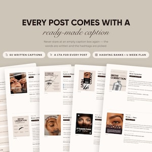 Puede incluir: Una gu&iacute;a de recursos de marketing digital con el texto EVERY POST COMES WITH A ready-made caption. El documento incluye secciones para 60 pies de foto escritos, una llamada a la acci&oacute;n para cada publicaci&oacute;n y bancos de hashtags en p&aacute;ginas blancas.