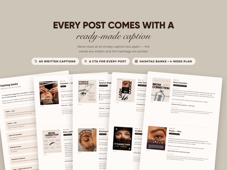 Puede incluir: Una gu&iacute;a de recursos de marketing digital con el texto EVERY POST COMES WITH A ready-made caption. El documento incluye secciones para 60 pies de foto escritos, una llamada a la acci&oacute;n para cada publicaci&oacute;n y bancos de hashtags en p&aacute;ginas blancas.