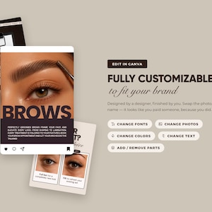 Puede incluir: Un conjunto de plantillas de marketing digital para servicios de cejas con maquetas de publicaciones en redes sociales, im&aacute;genes de ojos en primer plano, el texto BROWS y botones con las etiquetas EDIT IN CANVAS, CHANGE FONTS, CHANGE PHOTOS, CHANGE COLORS, CHANGE TEXT y ADD/REMOVE PARTS.