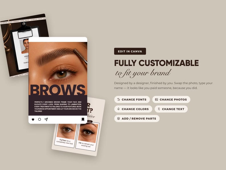 Puede incluir: Un conjunto de plantillas de marketing digital para servicios de cejas con maquetas de publicaciones en redes sociales, im&aacute;genes de ojos en primer plano, el texto BROWS y botones con las etiquetas EDIT IN CANVAS, CHANGE FONTS, CHANGE PHOTOS, CHANGE COLORS, CHANGE TEXT y ADD/REMOVE PARTS.