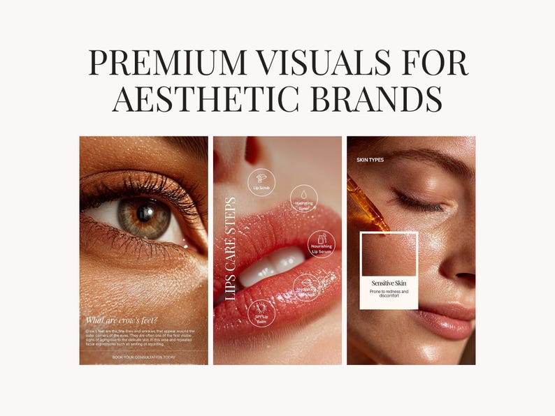 May include: An advertisement with the text "PREMIUM VISUALS FOR AESTHETIC BRANDS." The image features close-ups of an eye, lips, and skin, with text overlays like "LIPS CARE STEPS" and "Sensitive Skin."