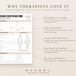 Pu&ograve; includere: Un modello stampabile in formato A4 di modulo di ammissione per clienti di massaggi, che include sezioni per le informazioni sul cliente, i dettagli del massaggio e una mappa corporea per contrassegnare le aree di tensione e le preferenze.
